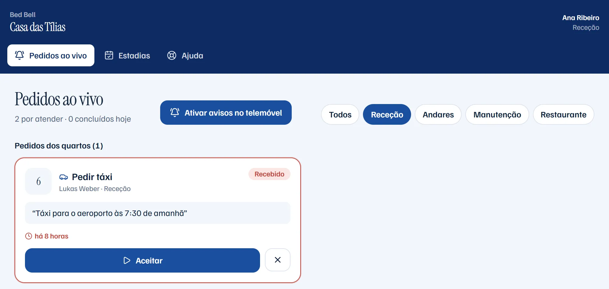 Painel da receção com o pedido de táxi do quarto 6 à espera de ser aceite