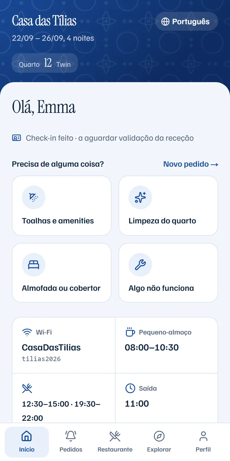 Área do hóspede no telemóvel, com os pedidos rápidos, o Wi-Fi e os horários do hotel