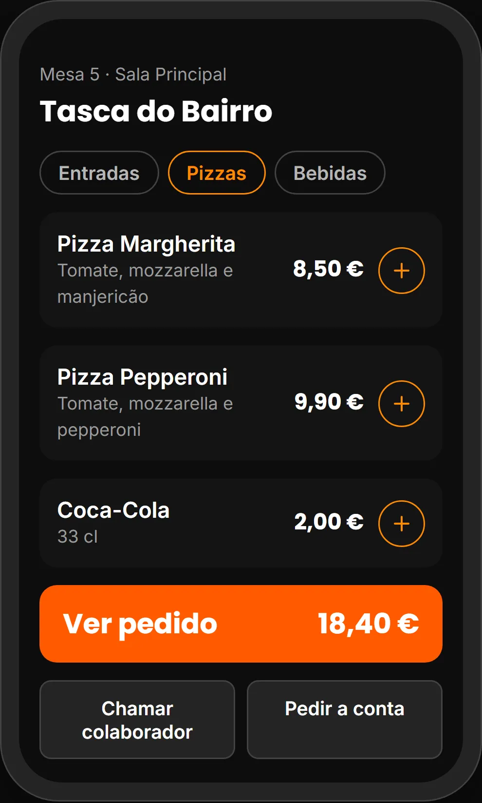 Carta digital da mesa 5 no telemóvel, com pizzas e o total do pedido